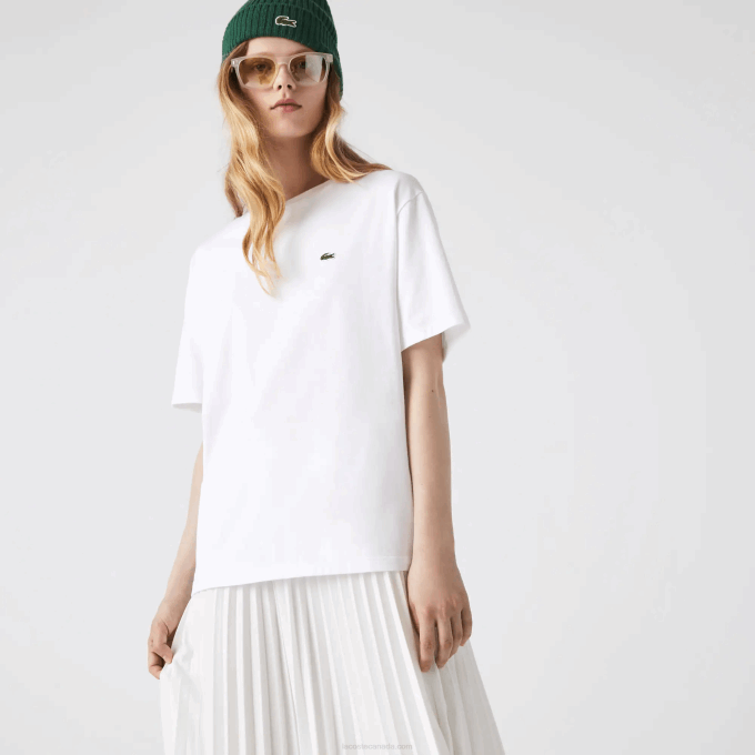 Women Lacoste V0ZN2590 White 001 Crew Neck Premium Cotton T-Shirt - Image 6