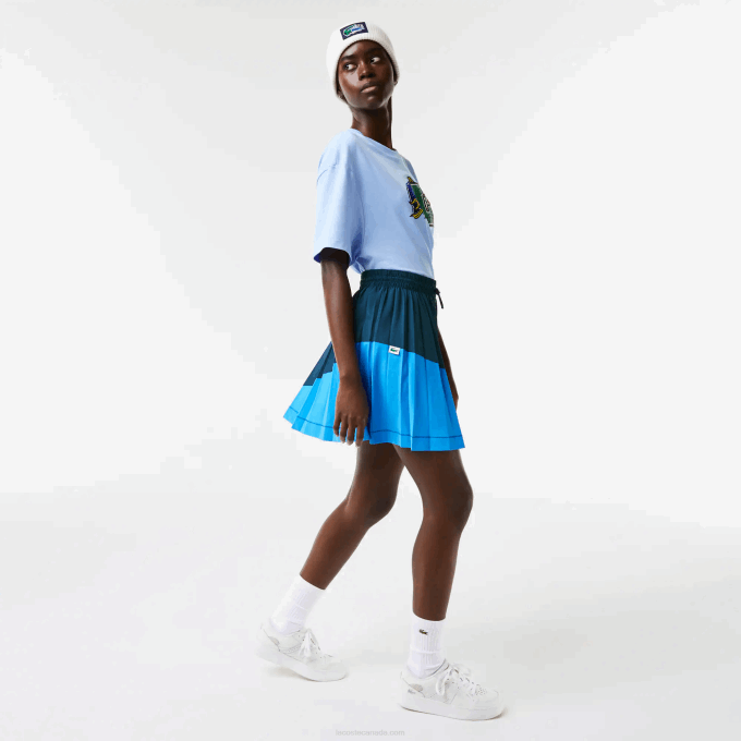 Women Lacoste V0ZN2595 Blue LUH Color-Block Nylon Pleated Skirt - Image 2
