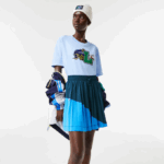 Women Lacoste V0ZN2595 Blue LUH Color-Block Nylon Pleated Skirt