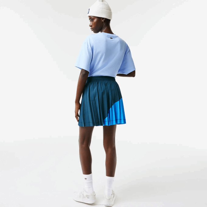Women Lacoste V0ZN2595 Blue LUH Color-Block Nylon Pleated Skirt - Image 3