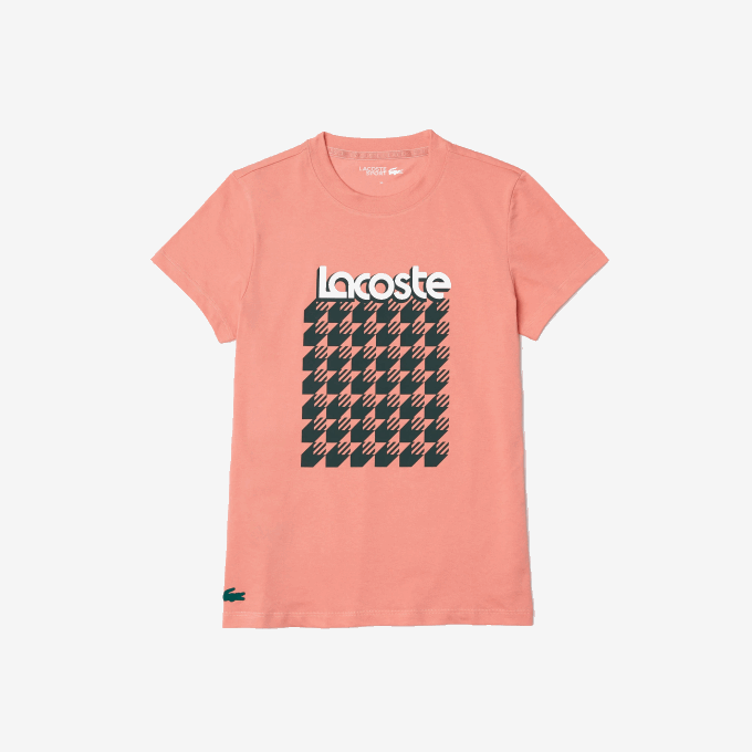Women Lacoste V0ZN2596 Pink White Green QZC SPORT Breathable Houndstooth Patterned T-shirt - Image 5