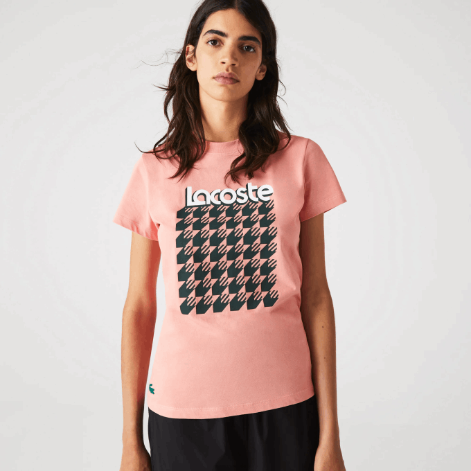 Women Lacoste V0ZN2596 Pink White Green QZC SPORT Breathable Houndstooth Patterned T-shirt - Image 1