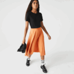 Women Lacoste V0ZN2599 Orange WWC Elasticized Waist Flowing Pleated Skirt - Image 3