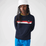 Women Lacoste V0ZN2607 Navy Blue White Red TRE Made in France Colorblock Organic Cotton Sweater