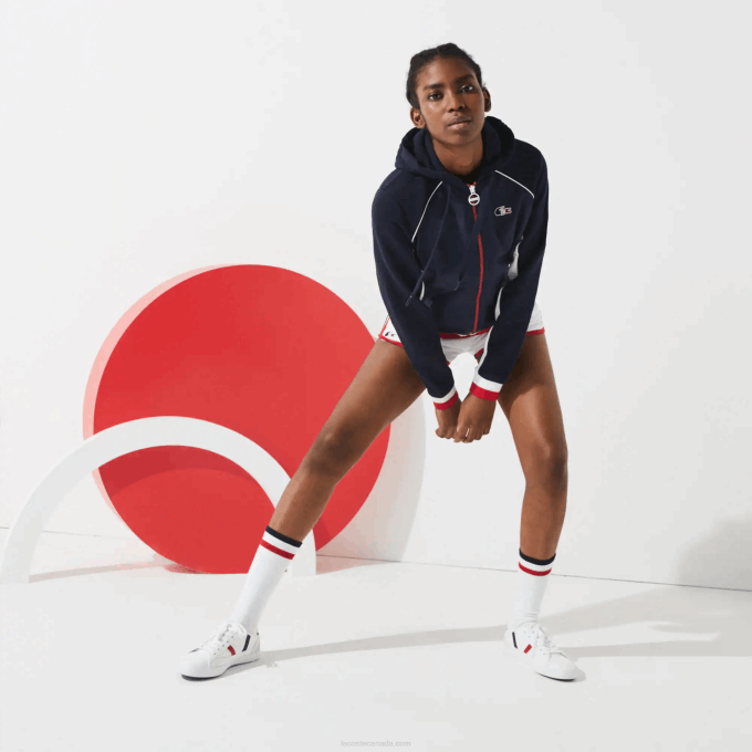 Women Lacoste V0ZN2610 Navy Blue White Red LAW SPORT French Sporting Spirit Edition Fleece Zip Jacket - Image 1