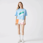 Women Lacoste V0ZN2611 Blue HBP Short Flecked Loose Fit Organic Cotton T-Shirt