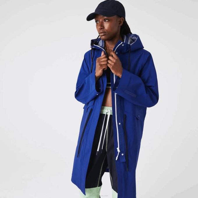 women_lacoste_v0zn2628_blue_bdm_long_hooded_water_resistant_parka.png Women Lacoste V0ZN2628 Blue BDM Long Hooded Water-Resistant Parka - Image 1