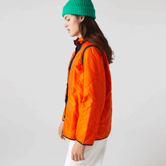 Women Lacoste V0ZN2629 Navy Blue Orange PF1 Water-Repellent 3-In-1 Parka - Image 2