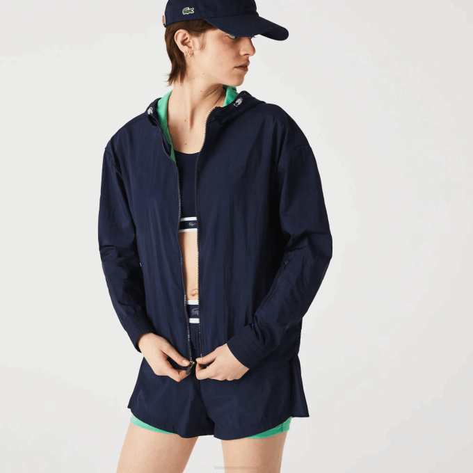 Women Lacoste V0ZN2633 Navy Blue Green BWY SPORT Light Zippered Nylon And Mesh Jacket - Image 4