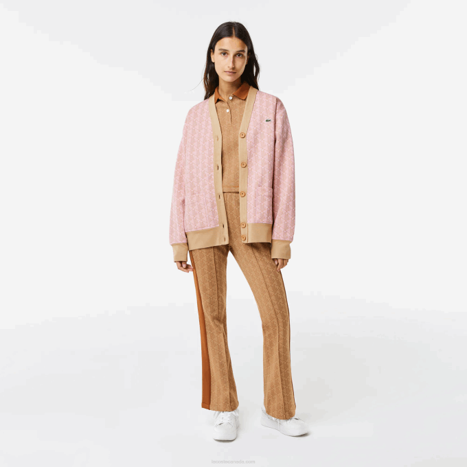 Women Lacoste V0ZN2634 Light Pink Beige NXG Loose Fit Monogram Print Cardigan - Image 2