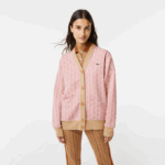 Women Lacoste V0ZN2634 Light Pink Beige NXG Loose Fit Monogram Print Cardigan