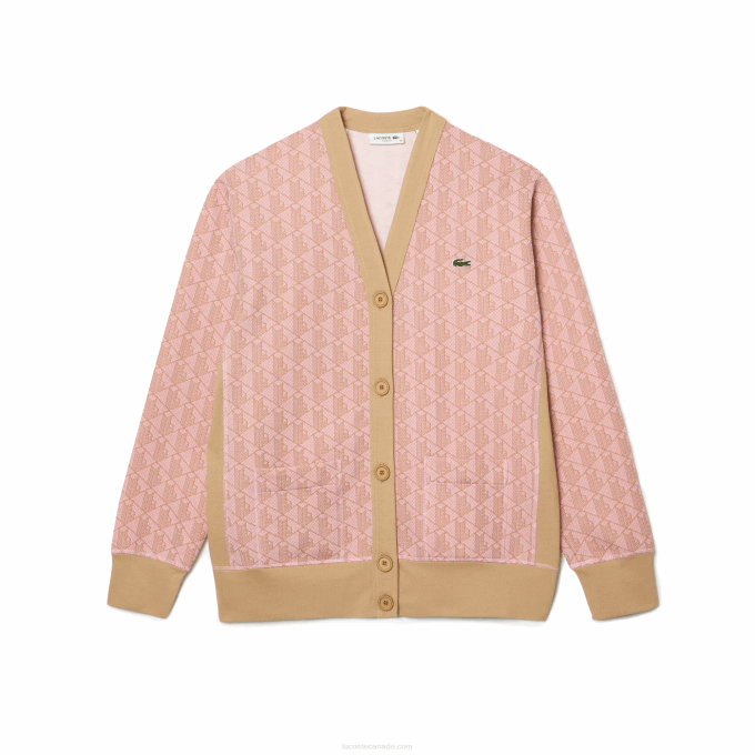 Women Lacoste V0ZN2634 Light Pink Beige NXG Loose Fit Monogram Print Cardigan - Image 4