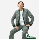 Women Lacoste V0ZN2635 Green Beige 7M4 Loose Fit Monogram Print Cardigan