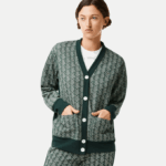 Women Lacoste V0ZN2635 Green Beige 7M4 Loose Fit Monogram Print Cardigan - Image 4