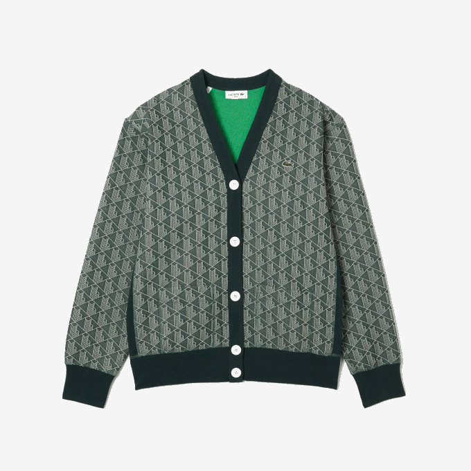 Women Lacoste V0ZN2635 Green Beige 7M4 Loose Fit Monogram Print Cardigan - Image 5