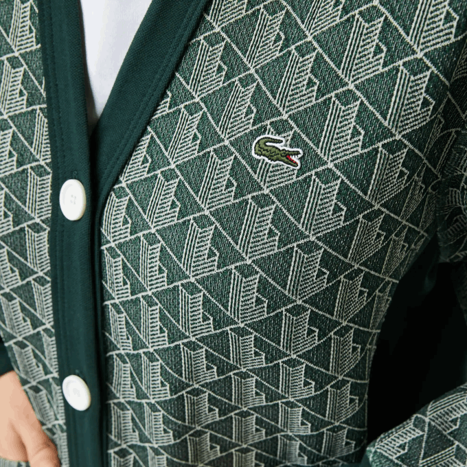 Women Lacoste V0ZN2635 Green Beige 7M4 Loose Fit Monogram Print Cardigan - Image 6
