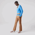 Women Lacoste V0ZN2636 Blue Yellow Brown 060 V-Neck Cable Knit Wool Sweater - Image 2