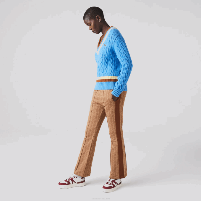 Women Lacoste V0ZN2636 Blue Yellow Brown 060 V-Neck Cable Knit Wool Sweater - Image 2