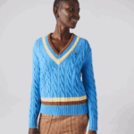 Women Lacoste V0ZN2636 Blue Yellow Brown 060 V-Neck Cable Knit Wool Sweater