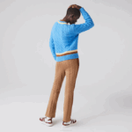 Women Lacoste V0ZN2636 Blue Yellow Brown 060 V-Neck Cable Knit Wool Sweater - Image 3