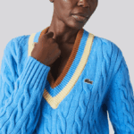 Women Lacoste V0ZN2636 Blue Yellow Brown 060 V-Neck Cable Knit Wool Sweater - Image 4