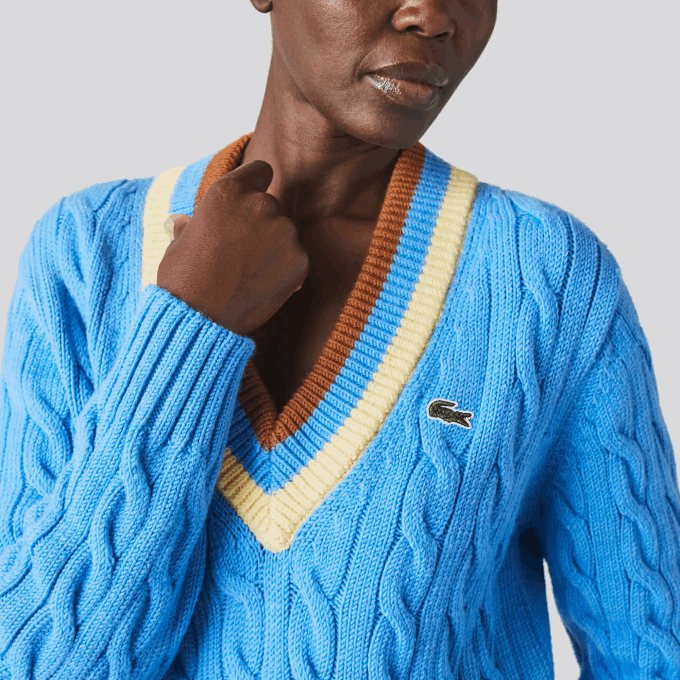 Women Lacoste V0ZN2636 Blue Yellow Brown 060 V-Neck Cable Knit Wool Sweater - Image 4
