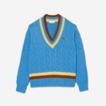 Women Lacoste V0ZN2636 Blue Yellow Brown 060 V-Neck Cable Knit Wool Sweater - Image 5