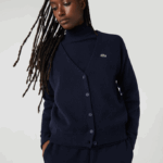 Women Lacoste V0ZN2641 Navy Blue 166 V-Neck Wool Cardigan - Image 6