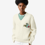 Women Lacoste V0ZN2642 White 70V Comic Badge V-Neck Wool Sweater