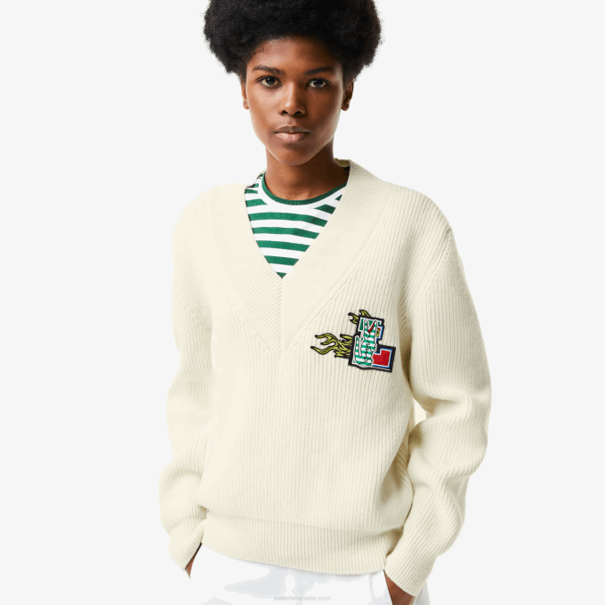 Women Lacoste V0ZN2642 White 70V Comic Badge V-Neck Wool Sweater - Image 1