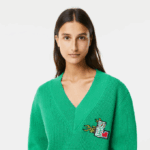 Women Lacoste V0ZN2643 Green LDM Comic Badge V-Neck Wool Sweater - Image 2