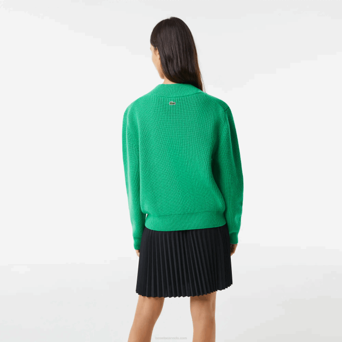 Women Lacoste V0ZN2643 Green LDM Comic Badge V-Neck Wool Sweater - Image 3