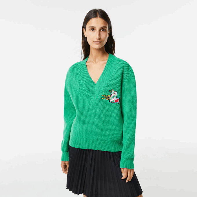 Women Lacoste V0ZN2643 Green LDM Comic Badge V-Neck Wool Sweater - Image 1