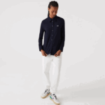 Women Lacoste V0ZN2649 Navy Blue 166 French Collar Cotton Pique Shirt - Image 2