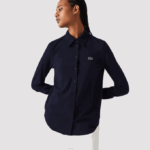 Women Lacoste V0ZN2649 Navy Blue 166 French Collar Cotton Pique Shirt