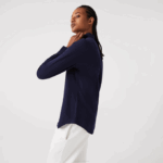 Women Lacoste V0ZN2649 Navy Blue 166 French Collar Cotton Pique Shirt - Image 6