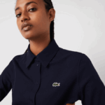 Women Lacoste V0ZN2649 Navy Blue 166 French Collar Cotton Pique Shirt - Image 8