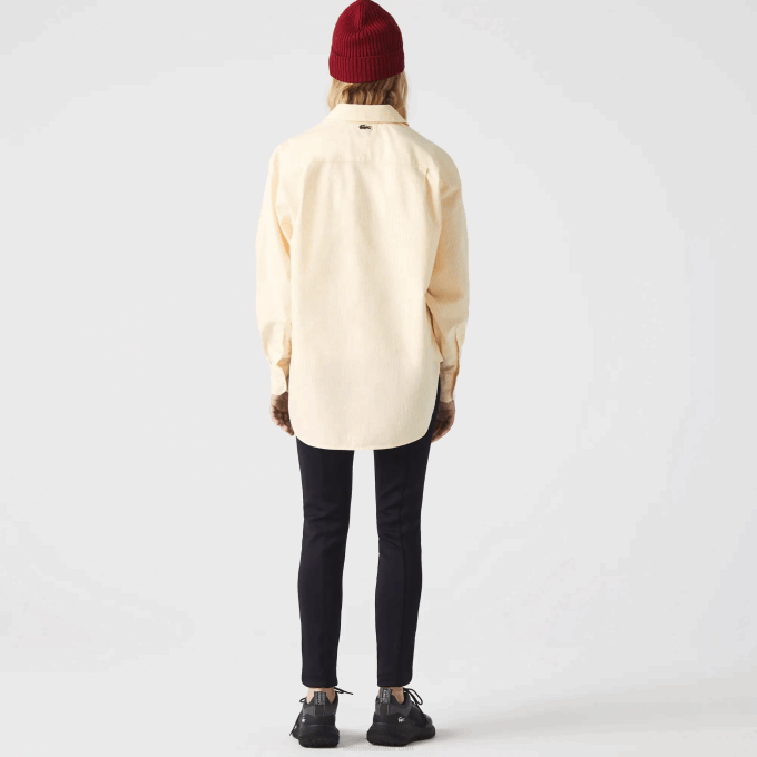 Women Lacoste V0ZN2651 Yellow White HHF Oxford Cotton Oversized Shirt - Image 3