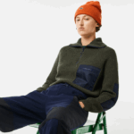 Women Lacoste V0ZN2656 Khaki Green Navy Blue U74 Zip Trucker Neck Colorblock Sweater