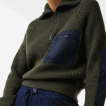 Women Lacoste V0ZN2656 Khaki Green Navy Blue U74 Zip Trucker Neck Colorblock Sweater - Image 4