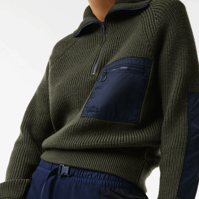 Women Lacoste V0ZN2656 Khaki Green Navy Blue U74 Zip Trucker Neck Colorblock Sweater - Image 4
