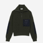 Women Lacoste V0ZN2656 Khaki Green Navy Blue U74 Zip Trucker Neck Colorblock Sweater - Image 5