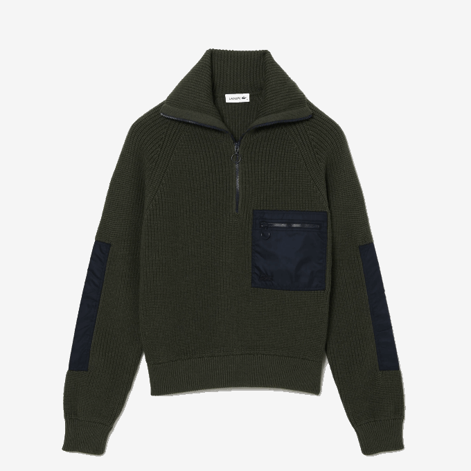 Women Lacoste V0ZN2656 Khaki Green Navy Blue U74 Zip Trucker Neck Colorblock Sweater - Image 5