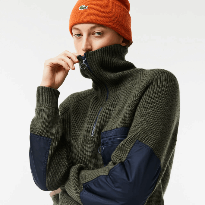 Women Lacoste V0ZN2656 Khaki Green Navy Blue U74 Zip Trucker Neck Colorblock Sweater - Image 6