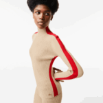 Women Lacoste V0ZN2657 Beige Red VSC Contrast Bands Seamless Sweater