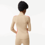 Women Lacoste V0ZN2657 Beige Red VSC Contrast Bands Seamless Sweater - Image 3