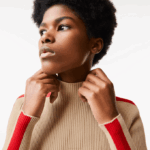 Women Lacoste V0ZN2657 Beige Red VSC Contrast Bands Seamless Sweater - Image 4