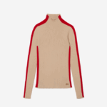 Women Lacoste V0ZN2657 Beige Red VSC Contrast Bands Seamless Sweater - Image 5