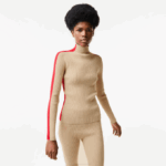 Women Lacoste V0ZN2657 Beige Red VSC Contrast Bands Seamless Sweater - Image 6