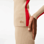 Women Lacoste V0ZN2657 Beige Red VSC Contrast Bands Seamless Sweater - Image 7